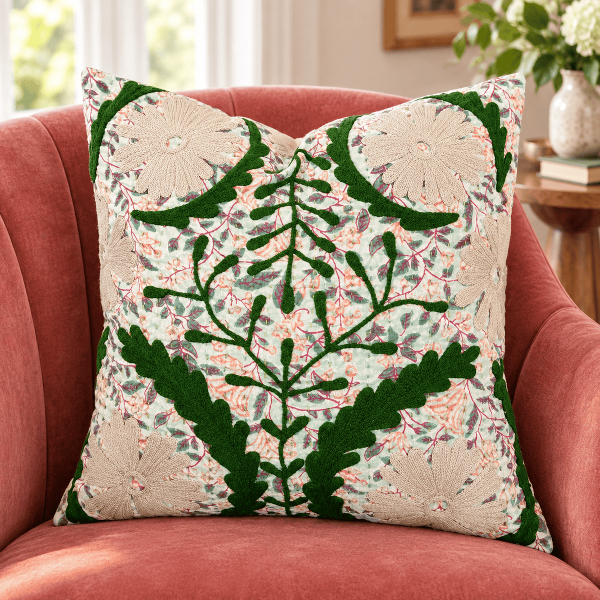 Voile Printed Pillow with Suzani Pattern, Hand-Embroidered Kantha Stitch & Chambray Back