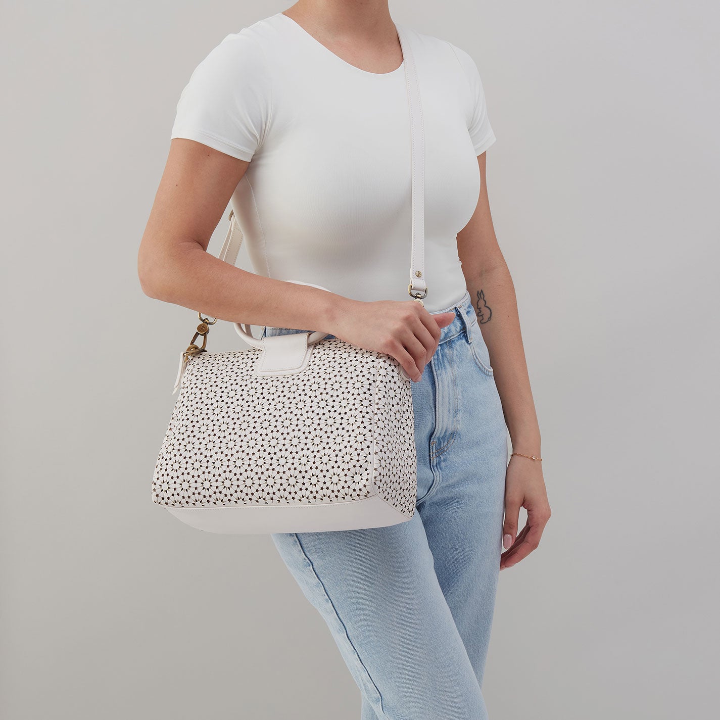 Hobo Sheila Medium Satchel in Perforated Leather in Ecru Daisy Perf