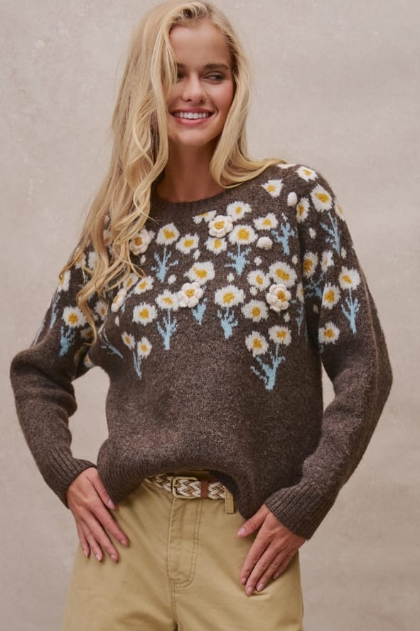Daisy Embossed 3D Floral Knit Sweater