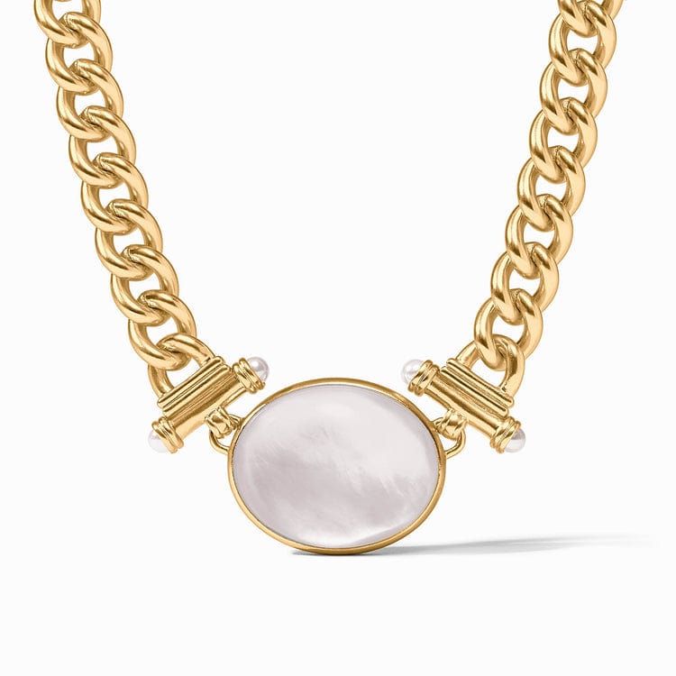 Gold chain necklace with a large white stone 