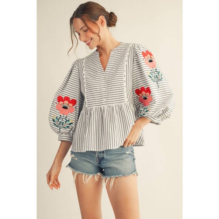 Embroidered Balloon Sleeve Striped Top