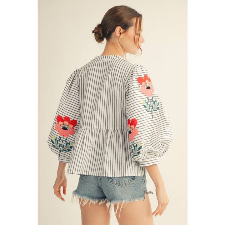 Embroidered Balloon Sleeve Striped Top