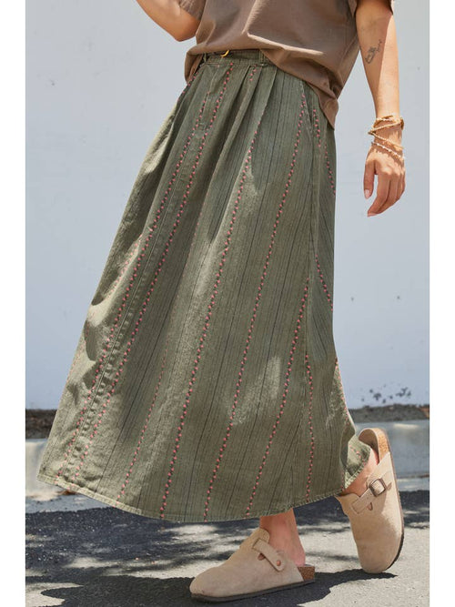 Embroidered Cotton Twill Belted Midi Skirt