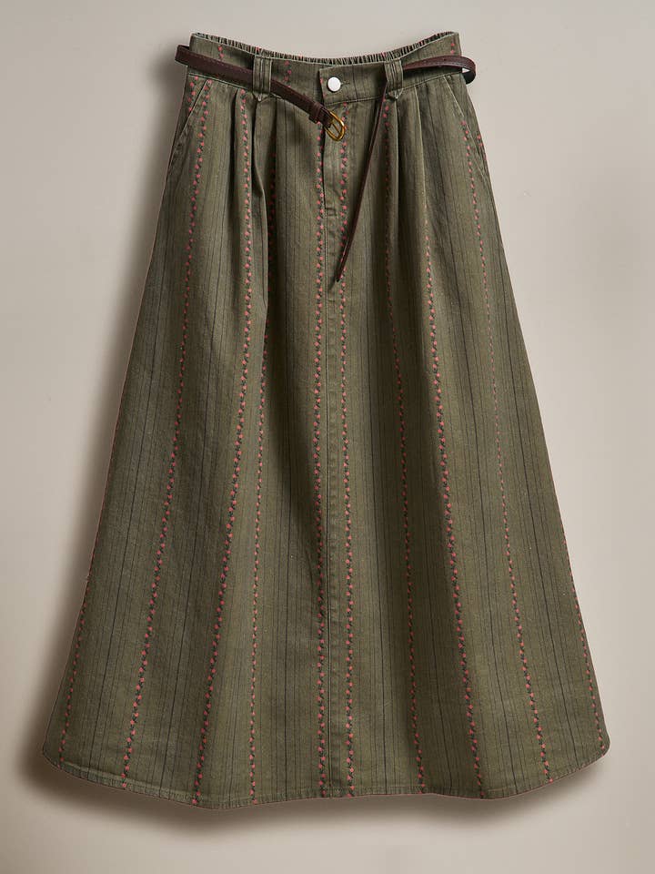 Embroidered Cotton Twill Belted Midi Skirt