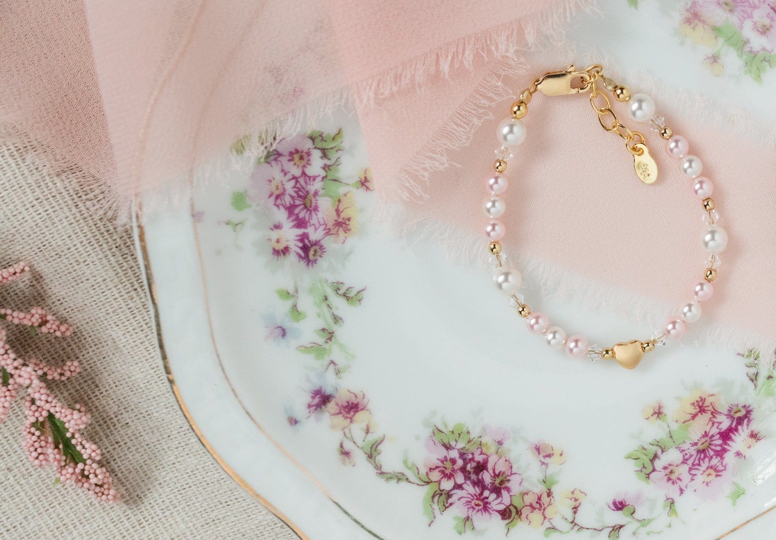 Cherished Moments Cherished Moments 14K Gold-Plated Pink Pearl Baby Heart Bracelet - Little Miss Muffin Children & Home
