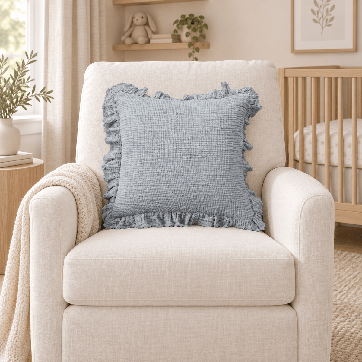 Creative Co-op 20" Square Light Blue Cotton Double Cloth Pillow with Ruffled Edge