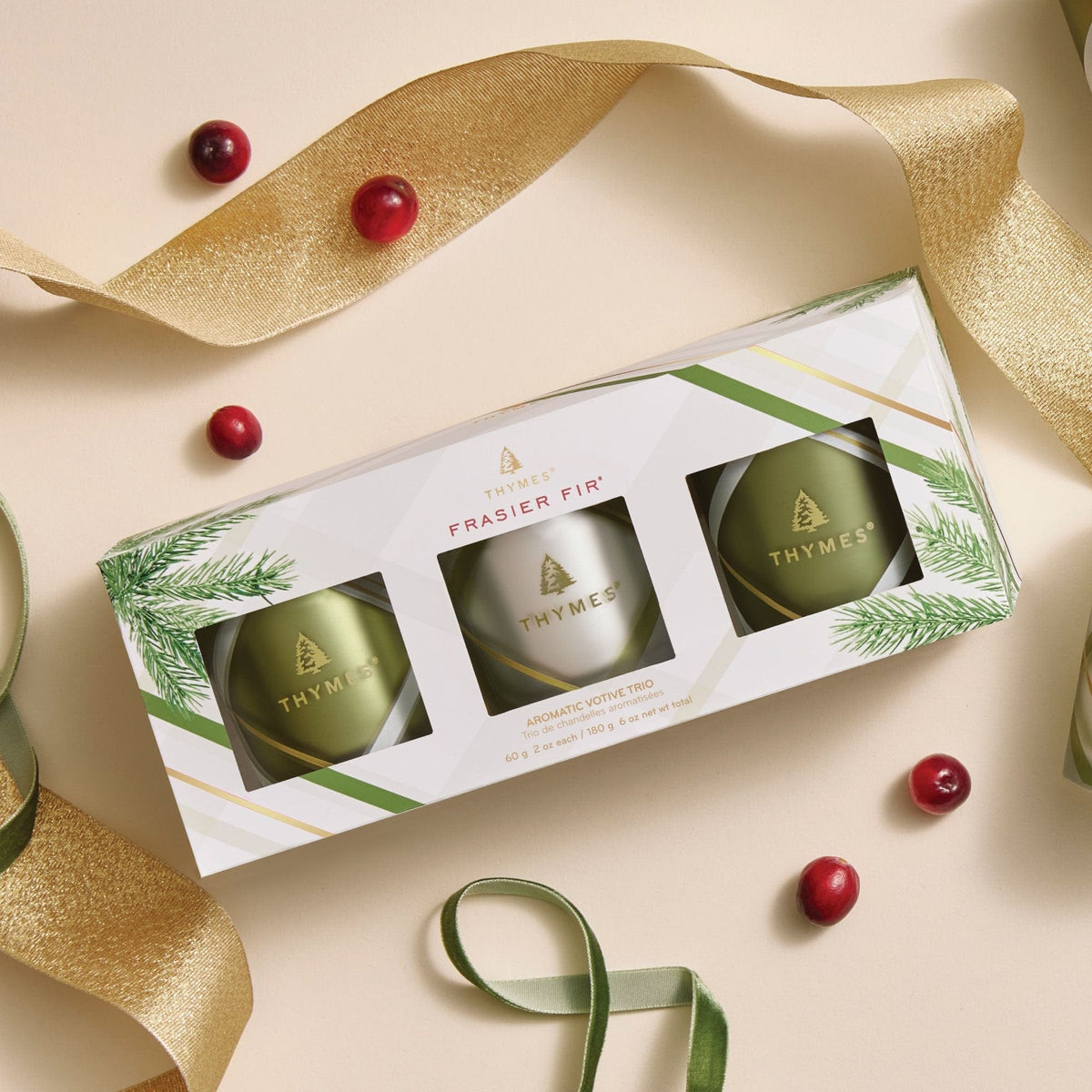 Thymes Frasier Fir Frosted Plaid Aromatic Votive Trio Candle Set, alternate view 2