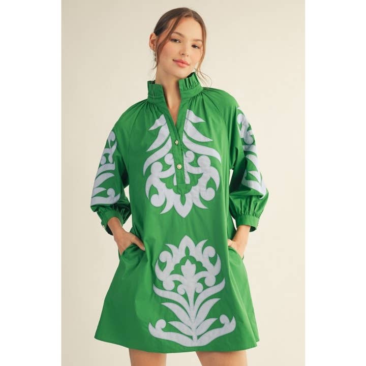 Floral Applique Balloon Sleeve Dress in Kelly Green