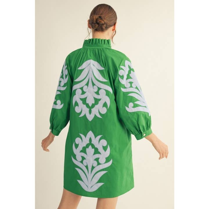 Floral Applique Balloon Sleeve Dress in Kelly Green