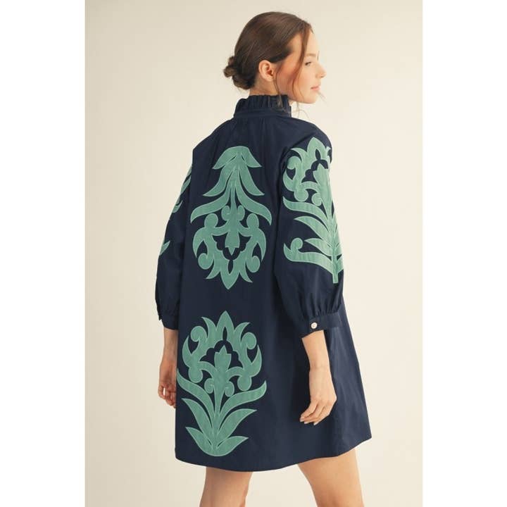 Floral Applique Balloon Sleeve Dress in Navy