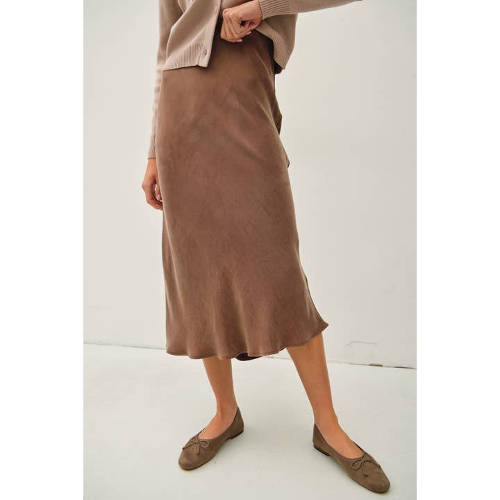Flowy Suede Feel Midi Skirt with Elastic Waistline