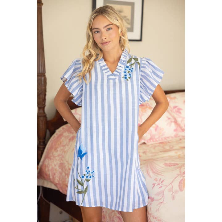 Flutter Sleeve Floral Embroidered Striped Mini Dress