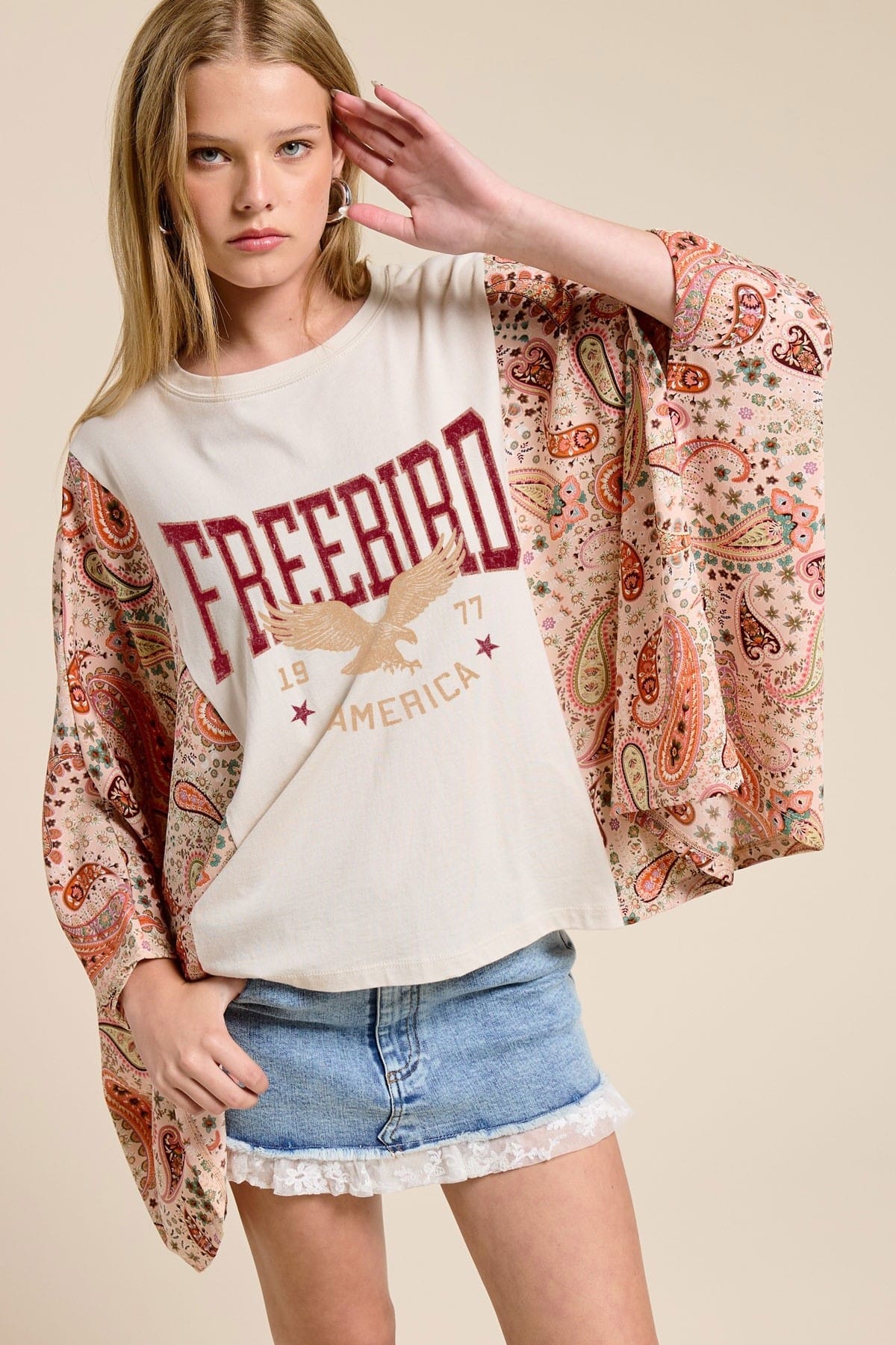 Free Bird America 1977 Graphic Kaftan Sleeve Top