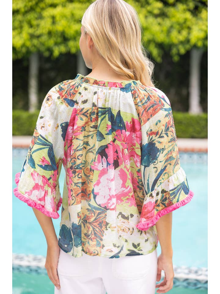Fringe Trimmed Flared Sleeve Floral Top