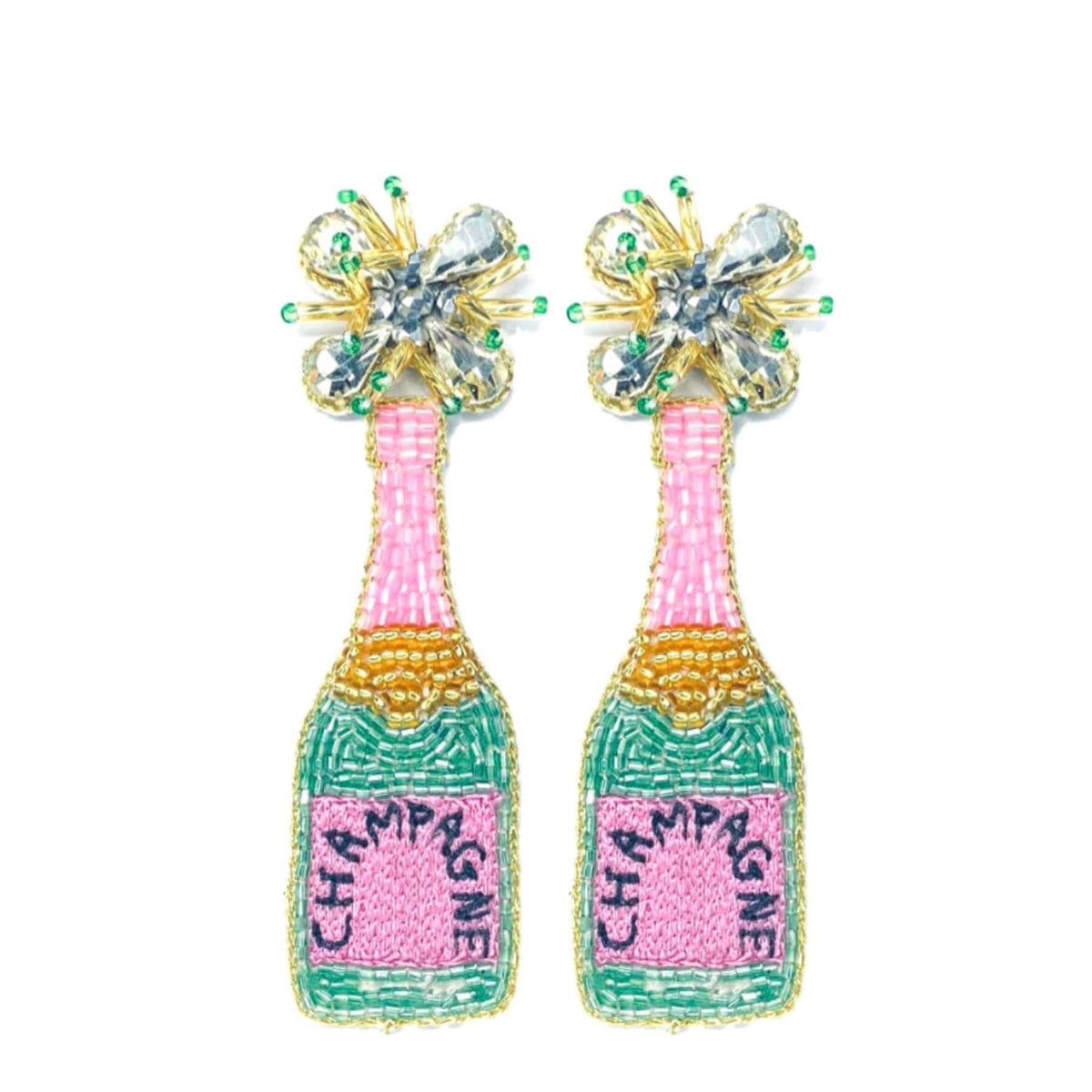 Golden Lily Pink & Green Champagne Bottle Earrings - Little Miss Muffin Children & Home