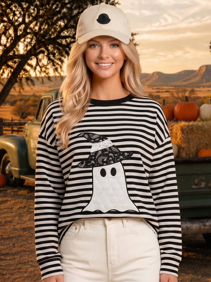 Halloween Ghost Appliqué Striped Long Sleeve Top