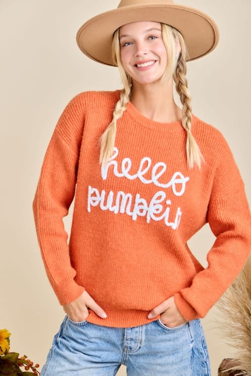 Hello Pumpkin Embroidered Knit Sweater