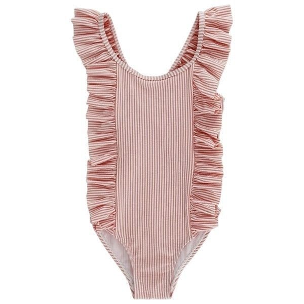 Ruffled Spandex Swimsuit in Coral Seersucker