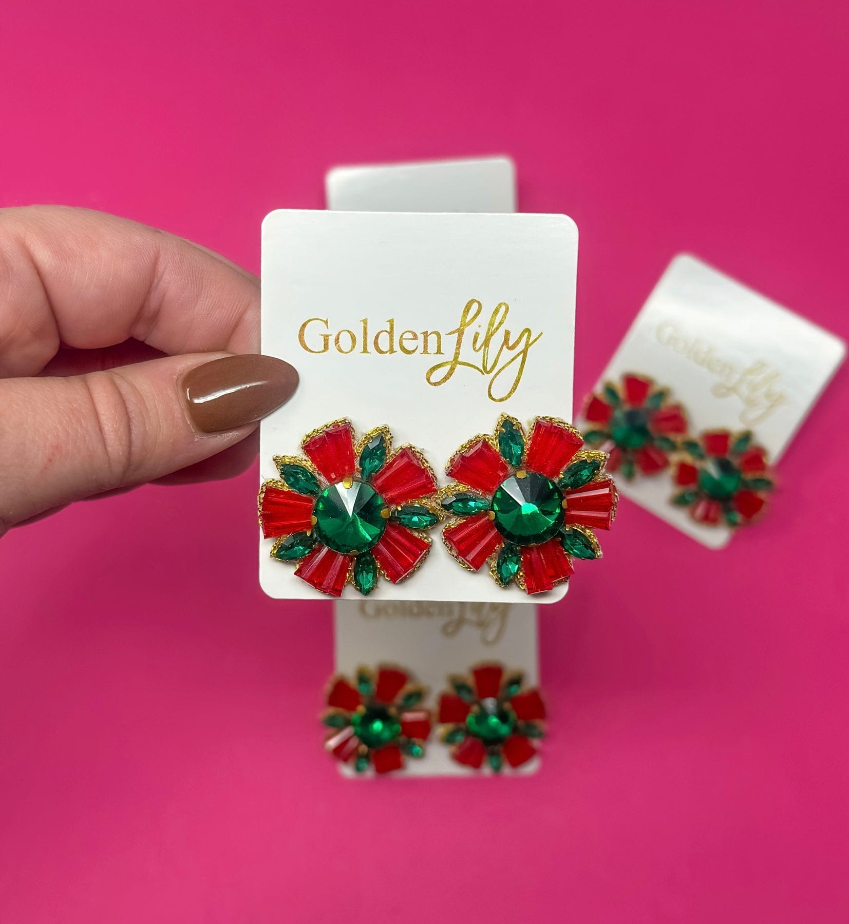 Golden Lily Red & Green Christmas Bead Burst Rhinestone Earrings - Little Miss Muffin Children & Home