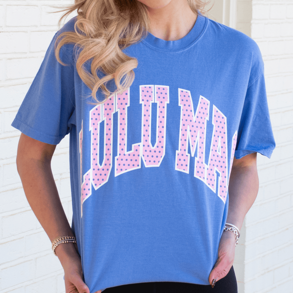 Lulu Mac Polka Dot Adult Flo Blue Comfort Colors Tee by Girlie Girl Originals