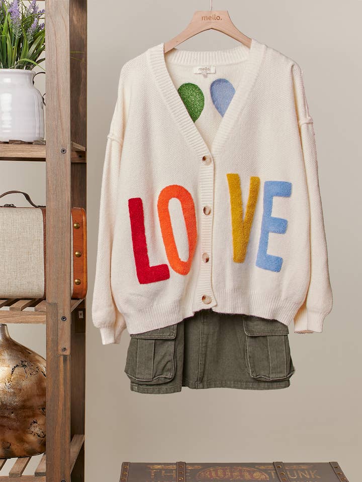 Love Lettering & Patchwork Hearts V Neck Cardigan