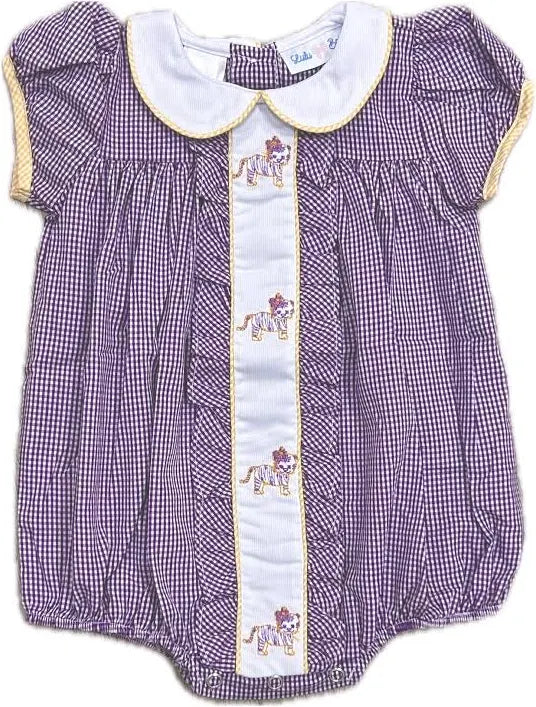 Lulu Bebe Milly LSU Tiger Embroidered Purple Gingham Bubble - Little Miss Muffin Children & Home