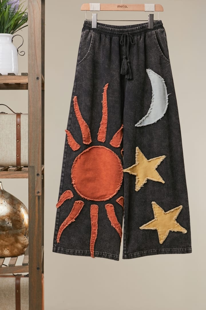Mello. Mello. Women's Black Washed Celestial Patchwork Wide Leg Knit Pants - Little Miss Muffin Children & Home