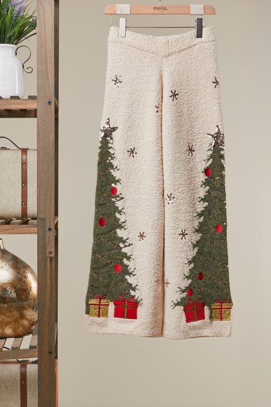 Mello. Ivory Christmas Tree Wide-Leg Sweater Pants - Little Miss Muffin Children & Home