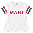 Whereable Art Women's MAHJ Sequin V-Neck Tee with Hot Pink & Green Striped Sleeves
