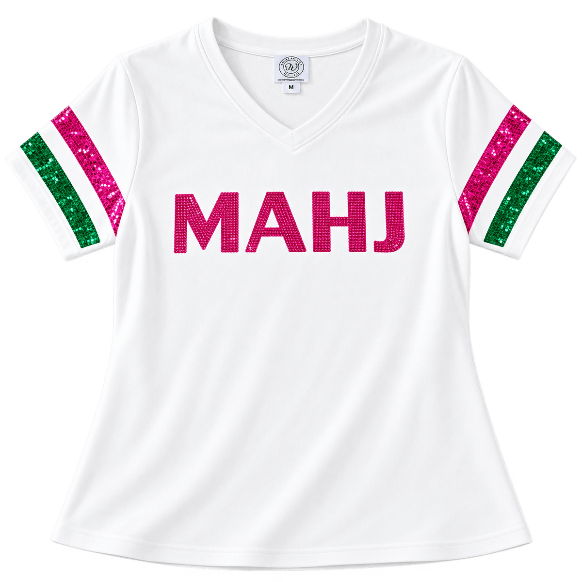 Whereable Art Women's MAHJ Sequin V-Neck Tee with Hot Pink & Green Striped Sleeves