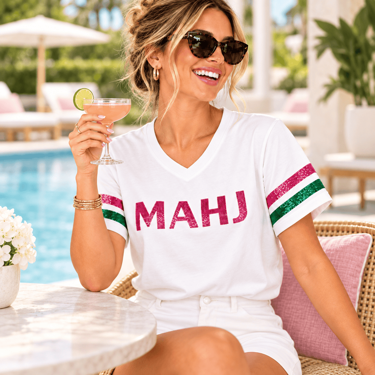 Whereable Art Women's MAHJ Sequin V-Neck Tee with Hot Pink & Green Striped Sleeves