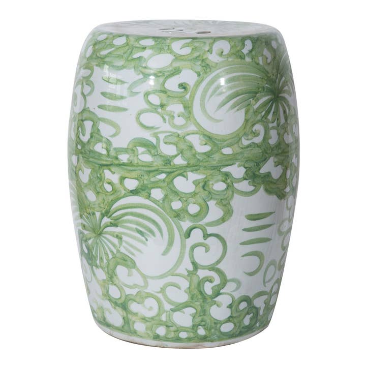 Moss Green Porcelain Garden Stool Treasure Flower Motif