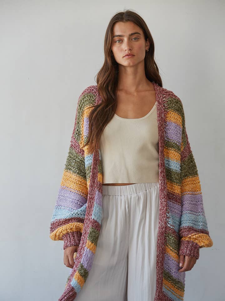 Multi Striped Knit Long Sleeve Long Cardigan