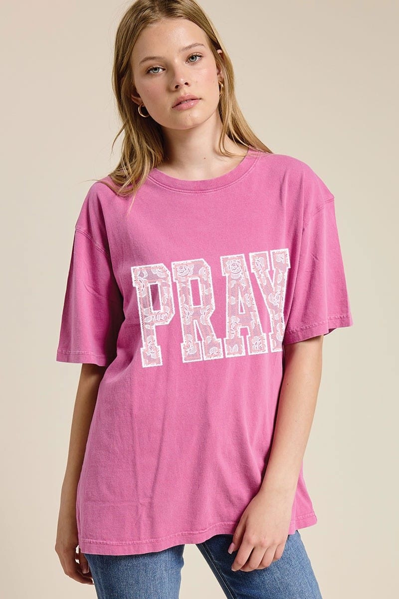 Puff Embroidered Lace Pray Tee in Pink