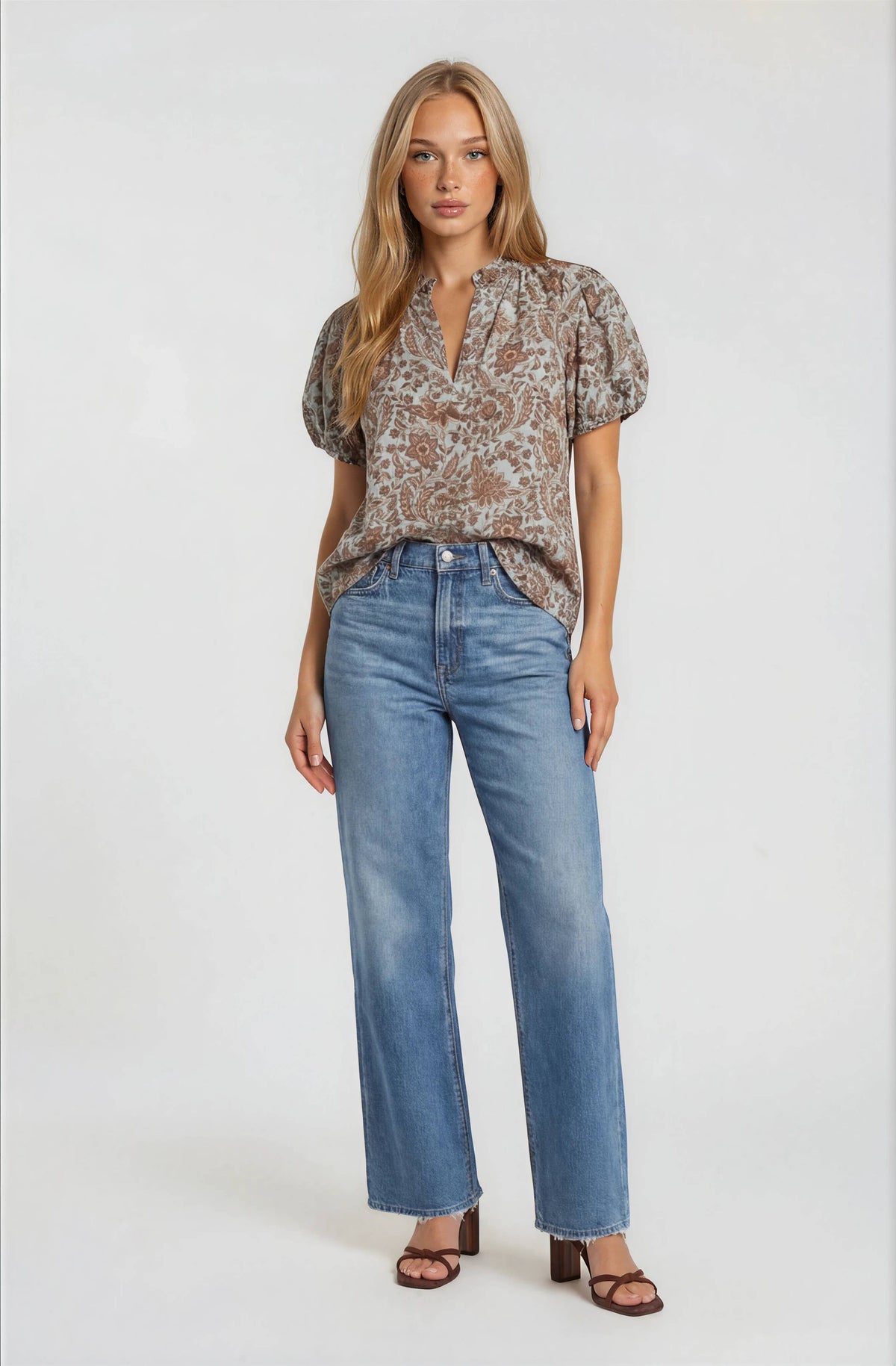Puff Sleeve V-Neck Printed  Blouse