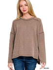 Raised Rib Raw Edge Long Sleeve Top in Brown
