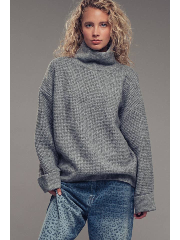 Relaxed Waffle Knit High Neck Sweater