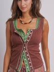 Ribbed Cotton Button-Front Picot Trimmed Tank