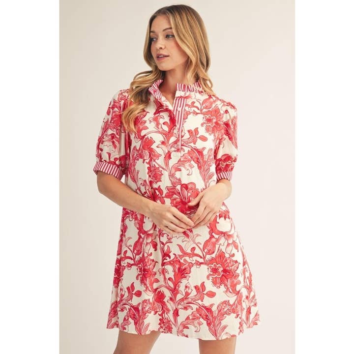 Ruffle Neck Floral Dress with Contrast Striped Trim in Red