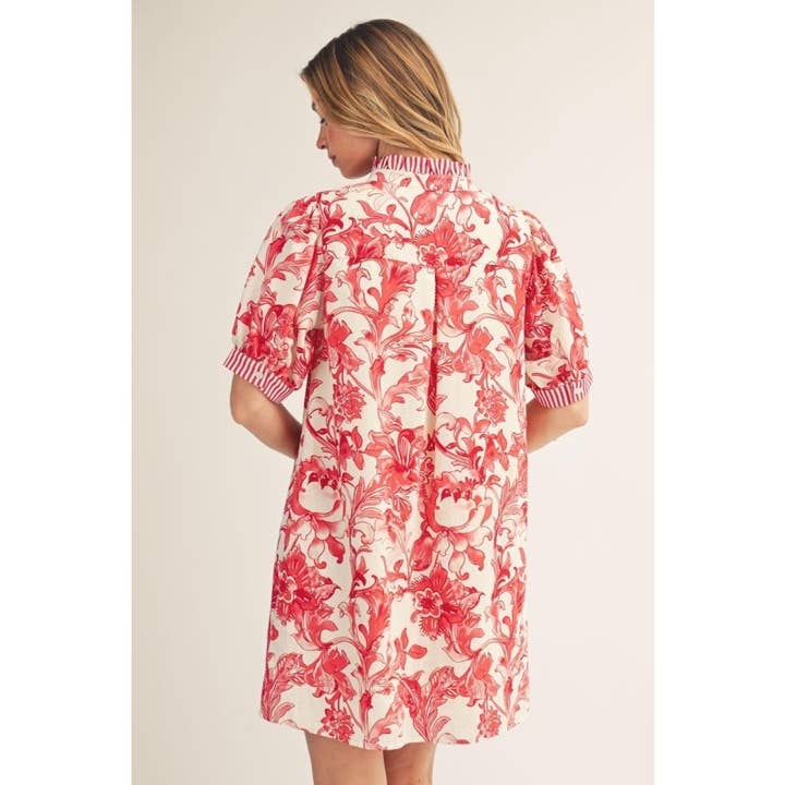 Ruffle Neck Floral Dress with Contrast Striped Trim in Red