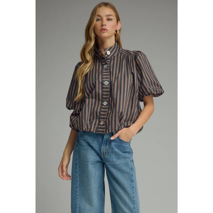 Stripe Short Puff Sleeve Top