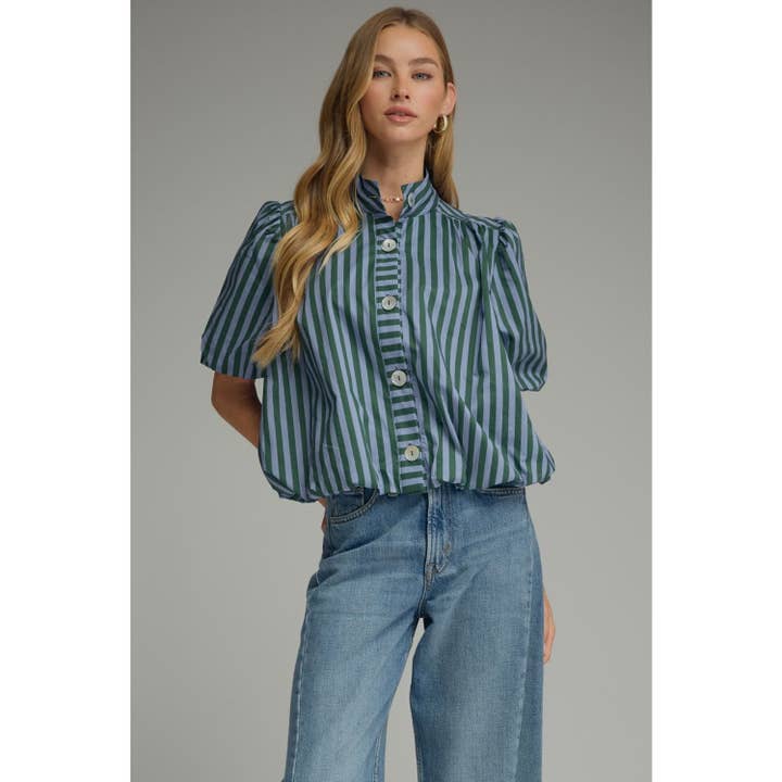 Stripe Short Puff Sleeve Top
