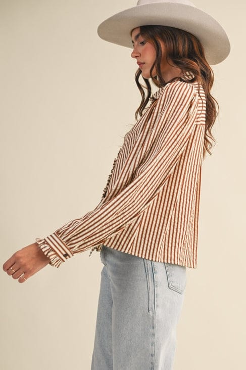 Striped Ruffle Trim Blouse in Pecan Stripe