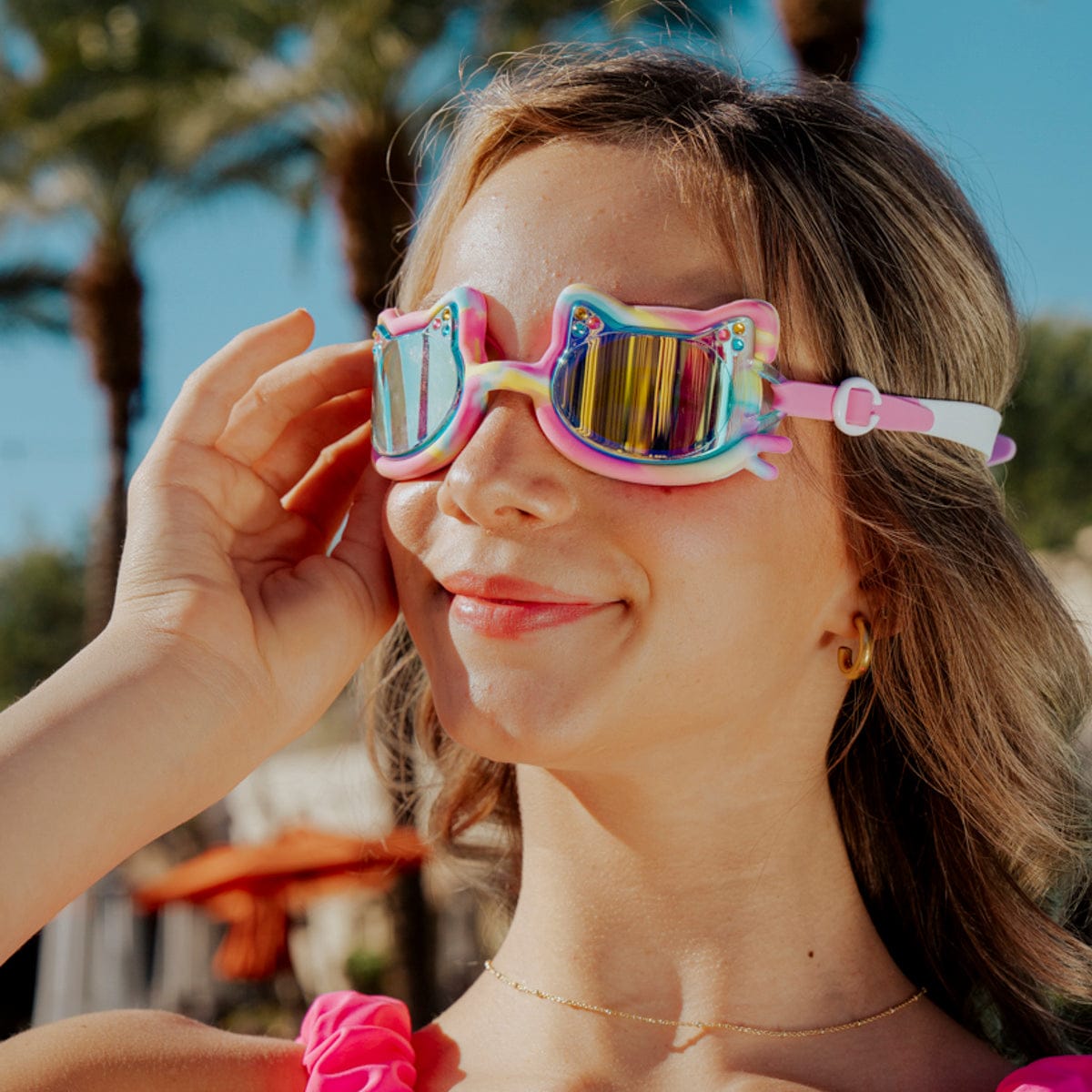 Tie-Dye Tabby Kids’ Swim Goggles Meowberry Breeze