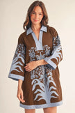 Powder Blue Baroque Floral Applique Detail on Chocolate Brown Dress