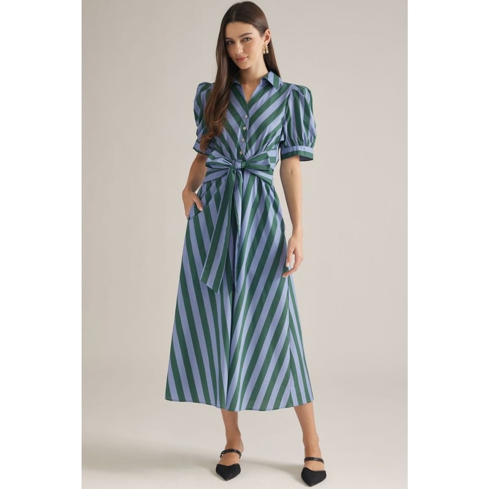 Style USA Hunter Green & Blue Stripe Cotton Midi Dress - Little Miss Muffin Children & Home
