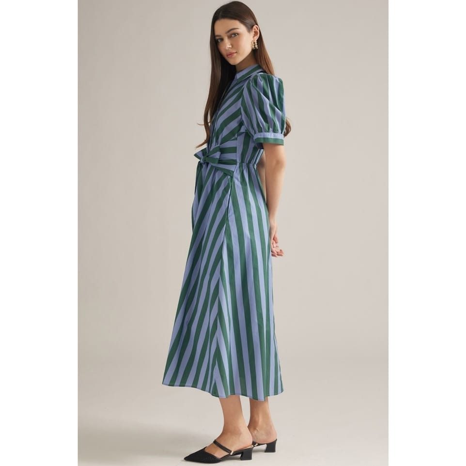 Stripe Short Puff Sleeve Midi Dress
