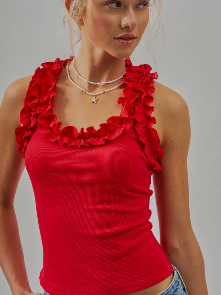 Ruffle Trim Ribbed Rayon Racerback Tank Top, 5 Available Colors