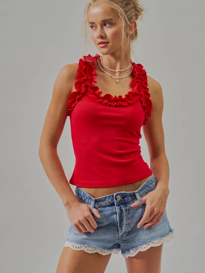 Ruffle Trim Ribbed Rayon Racerback Tank Top, 5 Available Colors