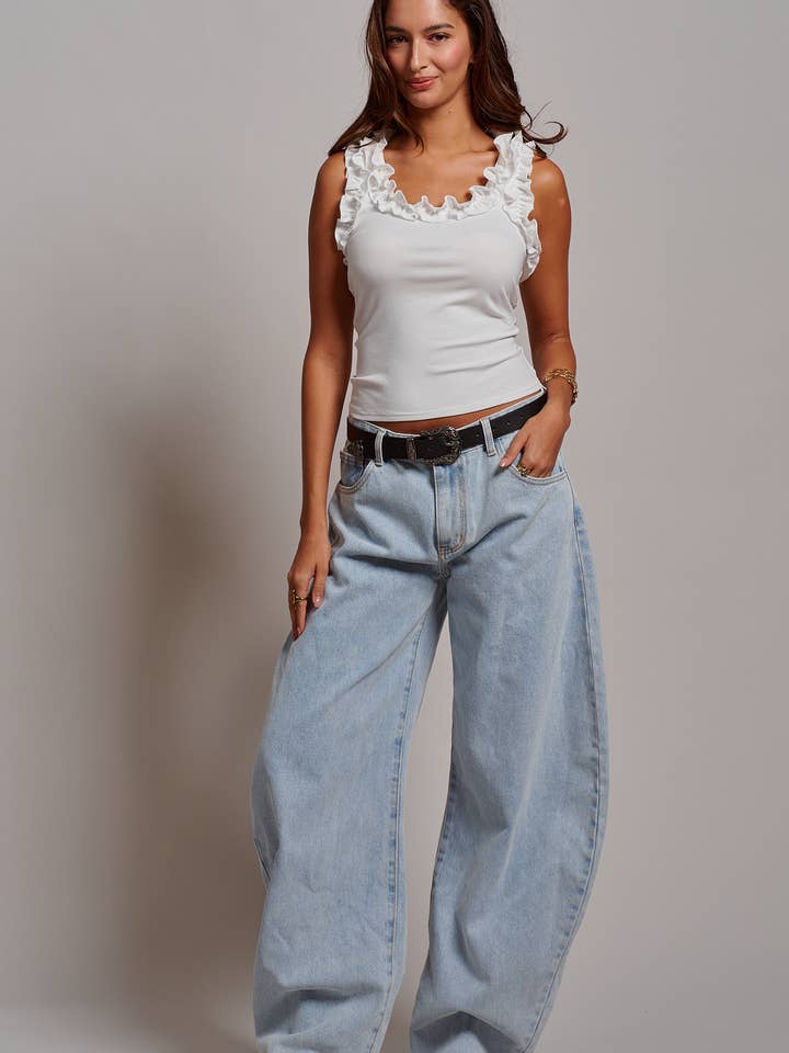 Ruffle Trim Ribbed Rayon Racerback Tank Top, 5 Available Colors